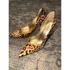 Vintage Guess Y2K Cheetah Point Toe Stilleto Heel Pumps Wooden Heel